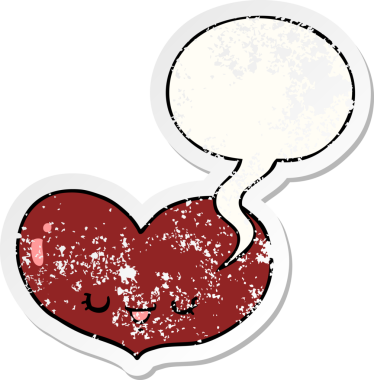 Bir insan tarafından çizilmiş, kederli, eski bir çıkartma olan, konuşma balonlu bir aşk karakteri.