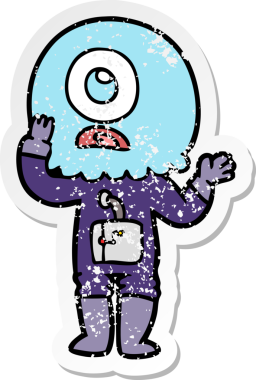 Bir insan tarafından çizilmiş endişeli bir Tepegöz uzaylı uzay adamının sıkıntılı çıkartması.