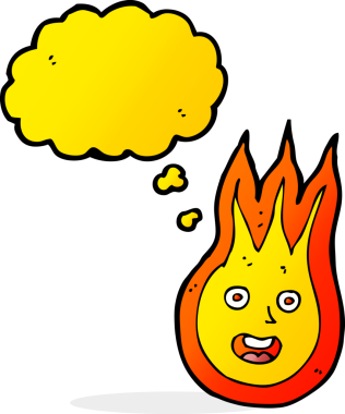 Bir insan tarafından çizilmiş düşünce baloncuklu çizgi film arkadaşı alev topu.