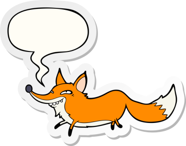 Bir insan tarafından çizilmiş konuşma kabarcığı çıkartmalı sevimli çizgi film kurnaz tilkisi.