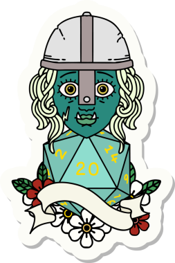 Bir insan tarafından çizilmiş 20 zarlı yarı ork savaşçı karakterinin çıkartması.