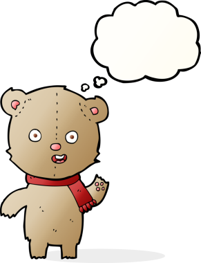 Bir insan tarafından çizilmiş düşünce balonlu atkısı olan oyuncak ayıyı sallayan çizgi film.