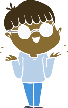 Bir insan tarafından çizilmiş gözlük takan düz renkli çizgi film çocuğu.