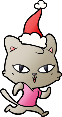 Bir insan tarafından çizilmiş Noel Baba şapkasıyla koşuya çıkmış bir kedi çizimi.