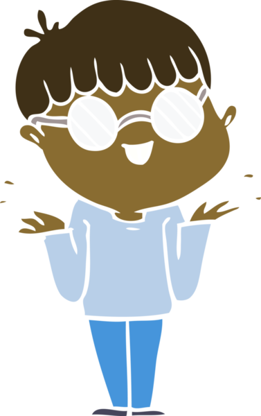 Bir insan tarafından çizilmiş gözlük takan düz renkli çizgi film çocuğu.