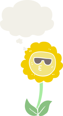 Düşünce baloncuğu olan karikatür çiçeği insan tarafından çizilmiş.