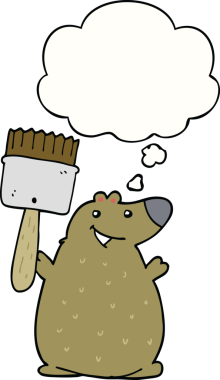 Bir insan tarafından çizilmiş düşünce balonlu boya fırçası olan çizgi film ayısı.