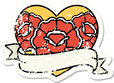 Geleneksel bir kalp stili ve insan tarafından çizilmiş çiçekli pankart dövmesi.