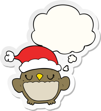 Bir insan tarafından çizilmiş bir çıkartma olarak düşünce baloncuğu olan şirin noel baykuşu.