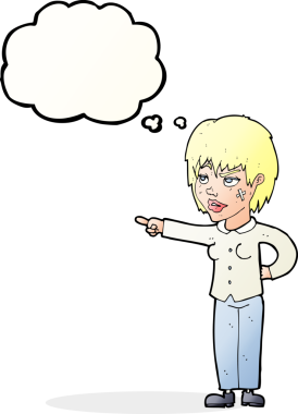 Bir insan tarafından çizilmiş düşünce balonuyla işaret eden çizgi film kadını.