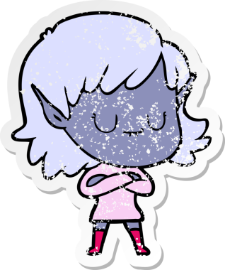 Bir insan tarafından çizilmiş mutlu bir elf kızının sıkıntılı çıkartması.