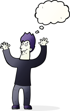 Bir insan tarafından çizilmiş düşünce balonlu cadılar bayramı vampiri çizgi filmi.