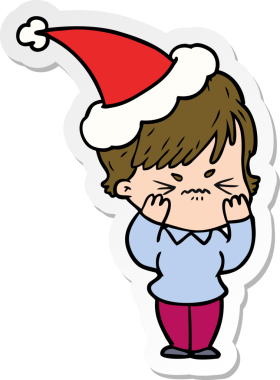 Bir insan tarafından çizilmiş Noel Baba şapkası giyen hayal kırıklığına uğramış bir kadının el yazısı.