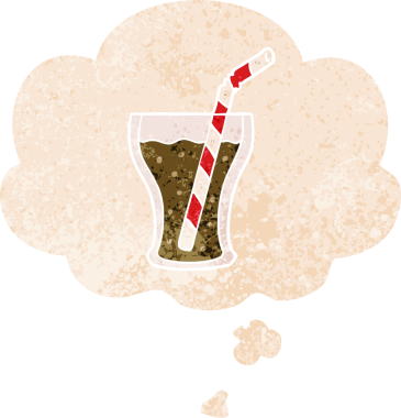 Bir insan tarafından çizilmiş grunge sıkıntılı retro desenli düşünce baloncuklu karton kola.