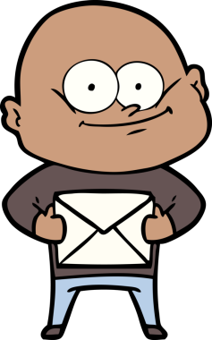 Bir insan tarafından çizilmiş bir mektupla bakan kel bir adam.