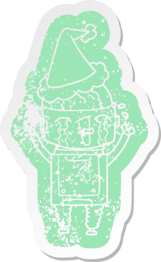 Bir insan tarafından çizilmiş Noel Baba şapkası takan ağlayan bir robot çıkartması.