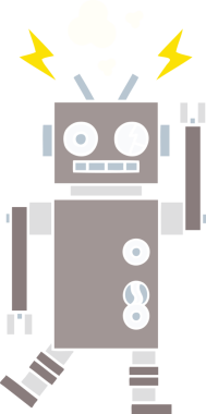 Bir insan tarafından çizilmiş arızalı bir robotun düz renk retro karikatürü