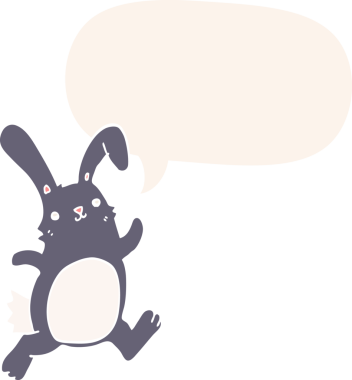 Bir insan tarafından çizilmiş, konuşma baloncuğu ile koşan çizgi film tavşanı.