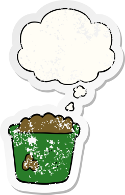 Düşünce baloncuklu karikatür kazanı insan tarafından çizilmiş yıpranmış bir çıkartma gibi.