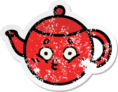 Bir insan tarafından çizilmiş şirin bir karikatür çaydanlığının sıkıntılı çıkartması.