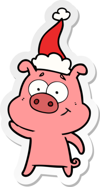 Bir insan tarafından çizilmiş Noel Baba şapkası takan bir domuzun mutlu el çizimi karikatürü.