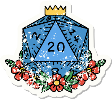 Bir insan tarafından çizilmiş çiçek elementleriyle 20 D20 zarının grunge sticker 'ı.