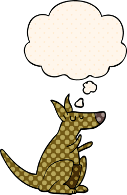 Bir insan tarafından çizilmiş, düşünce baloncuklu çizgi roman tarzı bir kanguru.