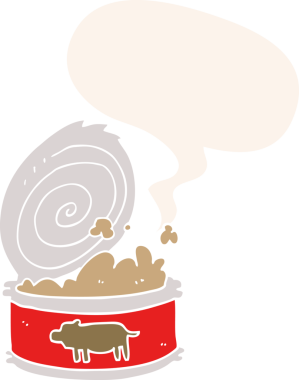 Bir insan tarafından çizilmiş retro tarzı konuşma baloncuklu konserve yiyecekler.