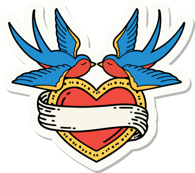 Geleneksel kırlangıç stili dövme çıkartması ve bir insan tarafından çizilmiş sancaklı bir kalp.