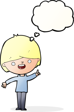 Bir insan tarafından çizilmiş düşünce balonu olan mutlu çocuk çizgi filmi.