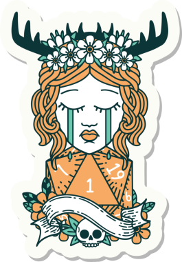 Ağlayan insan bir Druid 'in çıkartması. Bir insan tarafından çizilmiş doğal bir D20 rulosu.