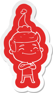 Bir insan tarafından çizilmiş Noel Baba şapkası giyen bir adamın komik çizgi film çıkartması.