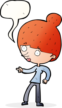 Bir insan tarafından çizilmiş bir konuşma balonuyla işaret eden çizgi film kadını.