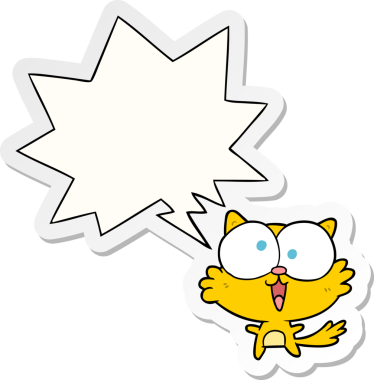 Bir insan tarafından çizilmiş konuşma kabarcığı çıkartmalı sevimli çizgi film delisi kedi.