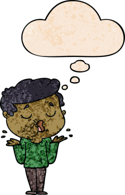 Çizgi filmdeki adam konuşuyor ve omuzlarını silkiyor. Düşünce baloncuğuyla bir insan tarafından çizilmiş grunge dokusuyla.