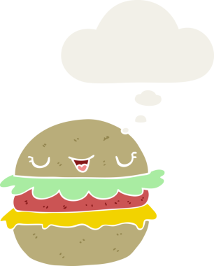 Düşünce baloncuklu çizgi film burgeri bir insan tarafından çizilmiş.