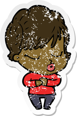 Bir insan tarafından çizilmiş gözleri olan karikatürlü bir kadının sıkıntılı çıkartması.