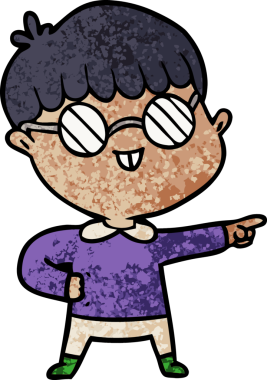 Bir insan tarafından çizilmiş gözlük takan çizgi film çocuğu.