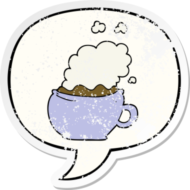 Bir insan tarafından çizilmiş, sıkıntılı, sıkıntılı, eski bir çıkartma olan bir kahve fincanı.