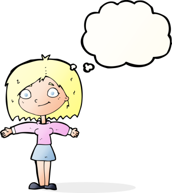 Bir insan tarafından çizilmiş düşünce balonlu mutlu kız çizgi filmi.