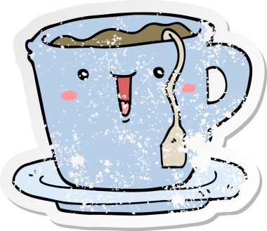 Sevimli bir çizgi film bardağı ve bir insan tarafından çizilmiş çay tabağı.