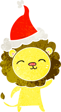 Bir insan tarafından çizilmiş Noel Baba şapkası giyen bir aslanın el çizimi karikatürü.