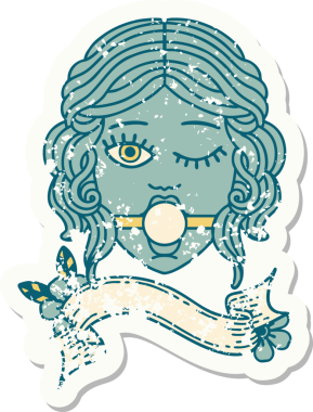 Bir insan tarafından çizilmiş top şakası takan göz kırpan bir kadın yüzü afişi takan eski bir çıkartma.