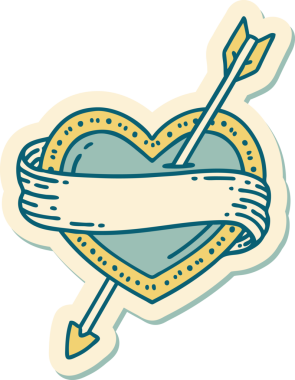 Bir insan tarafından çizilmiş ok kalp ve pankartın geleneksel stiliyle dövme çıkartması.