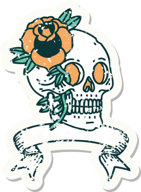 Bir insan tarafından çizilmiş kafatası ve gülü olan eski bir etiket.