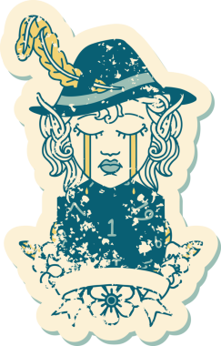 Retro Dövme Tarzı Ağlayan Elf Ozan Karakteri Bir insan tarafından çizilmiş doğal D20 rulo