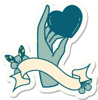 Dövme stili çıkartma. Bir insan tarafından çizilmiş bir kalbi tutan el yazısı.