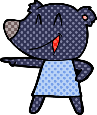 Bir insan tarafından çizilmiş, gülen ve işaret eden bir çizgi film ayısı.