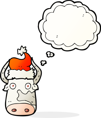 Bir insan tarafından çizilmiş Noel şapkası takan serbest çizim baloncuk inek.