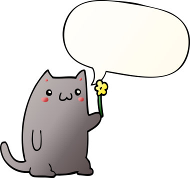 Bir insan tarafından çizilmiş yumuşak eğimli konuşma baloncuklu şirin çizgi film kedisi.